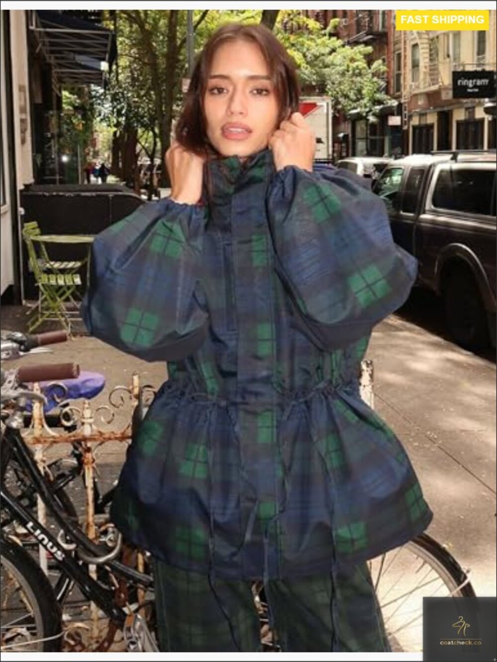 Plaid Raincoat Showerproof Jacket Windbreaker Adjustable Hood Trench - Picture 2 of 7